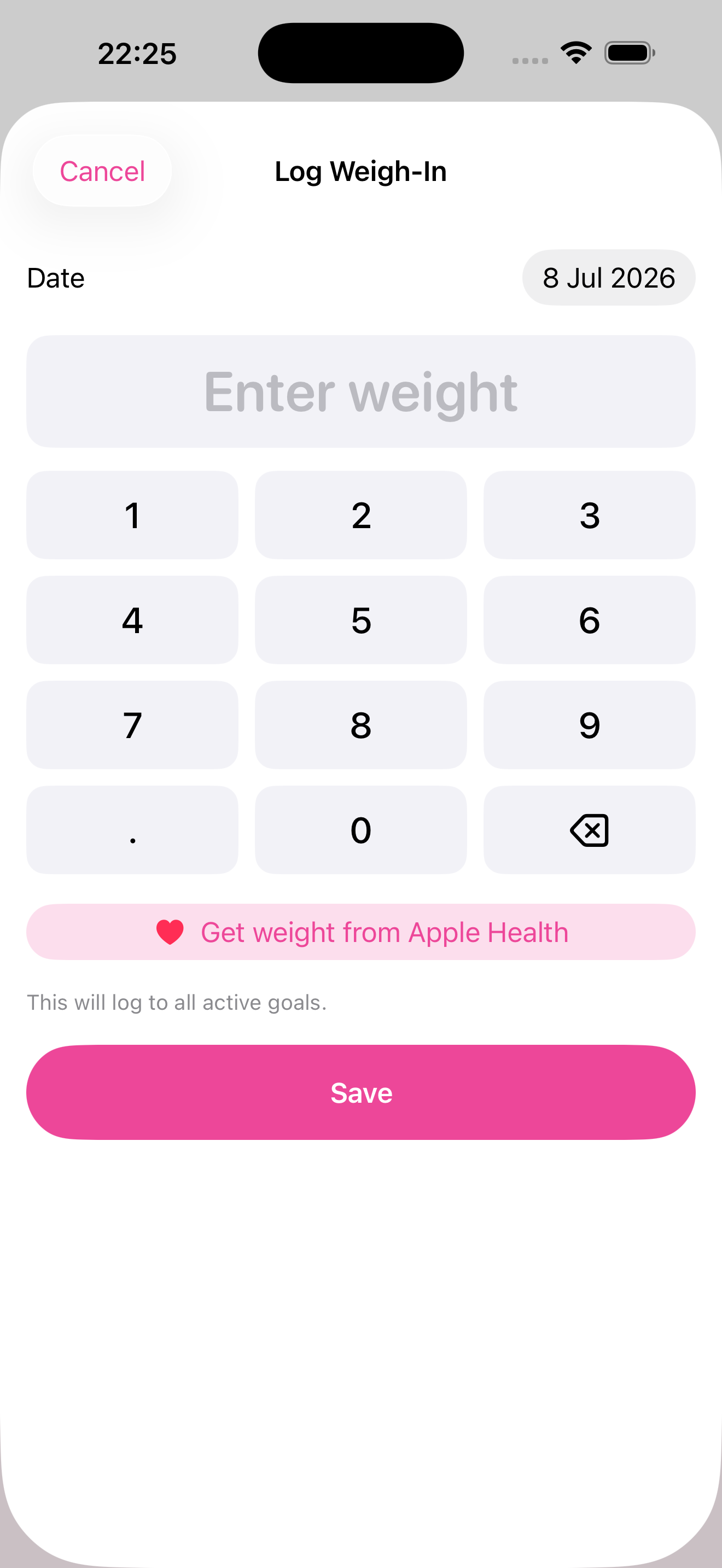 Logging a weigh-in on the custom number pad