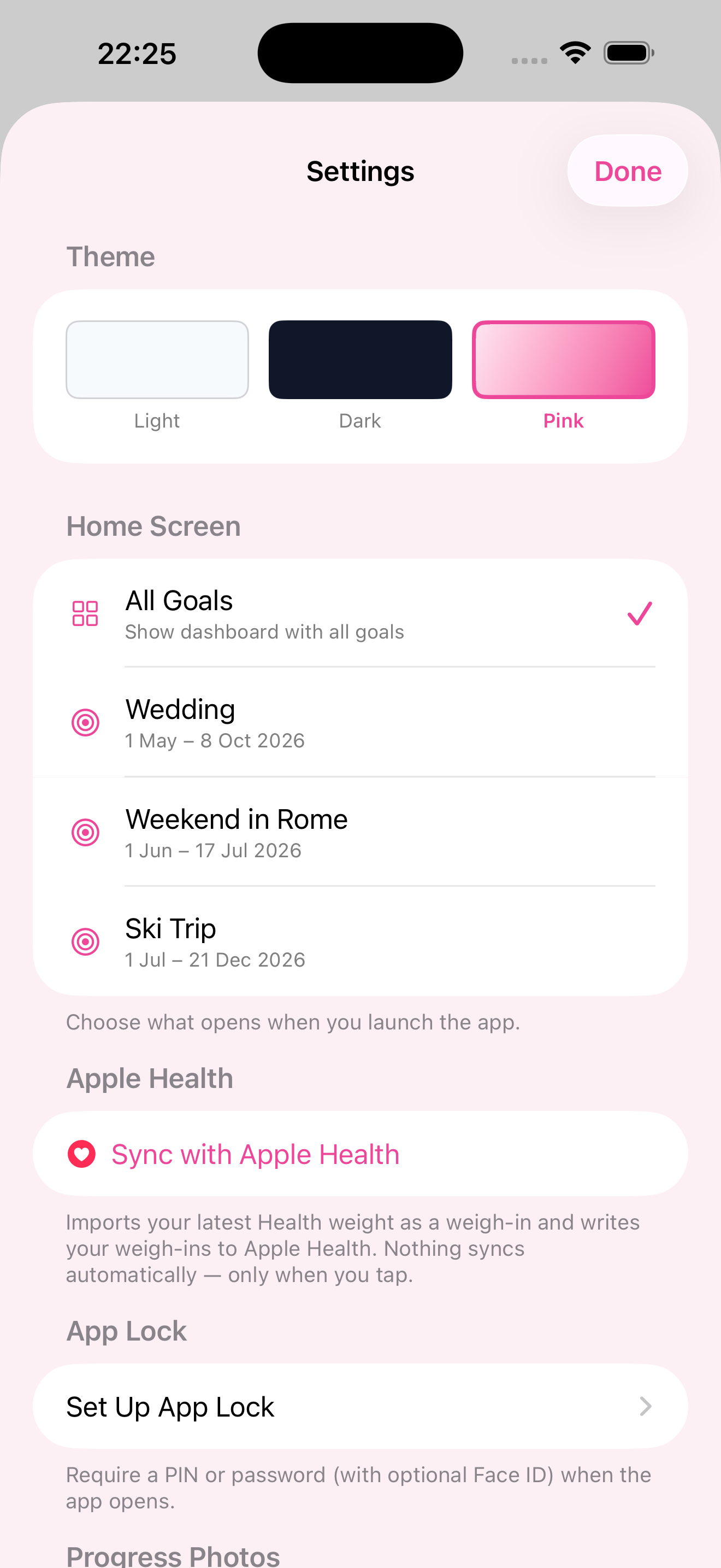 Settings with themes, Apple Health sync and app lock